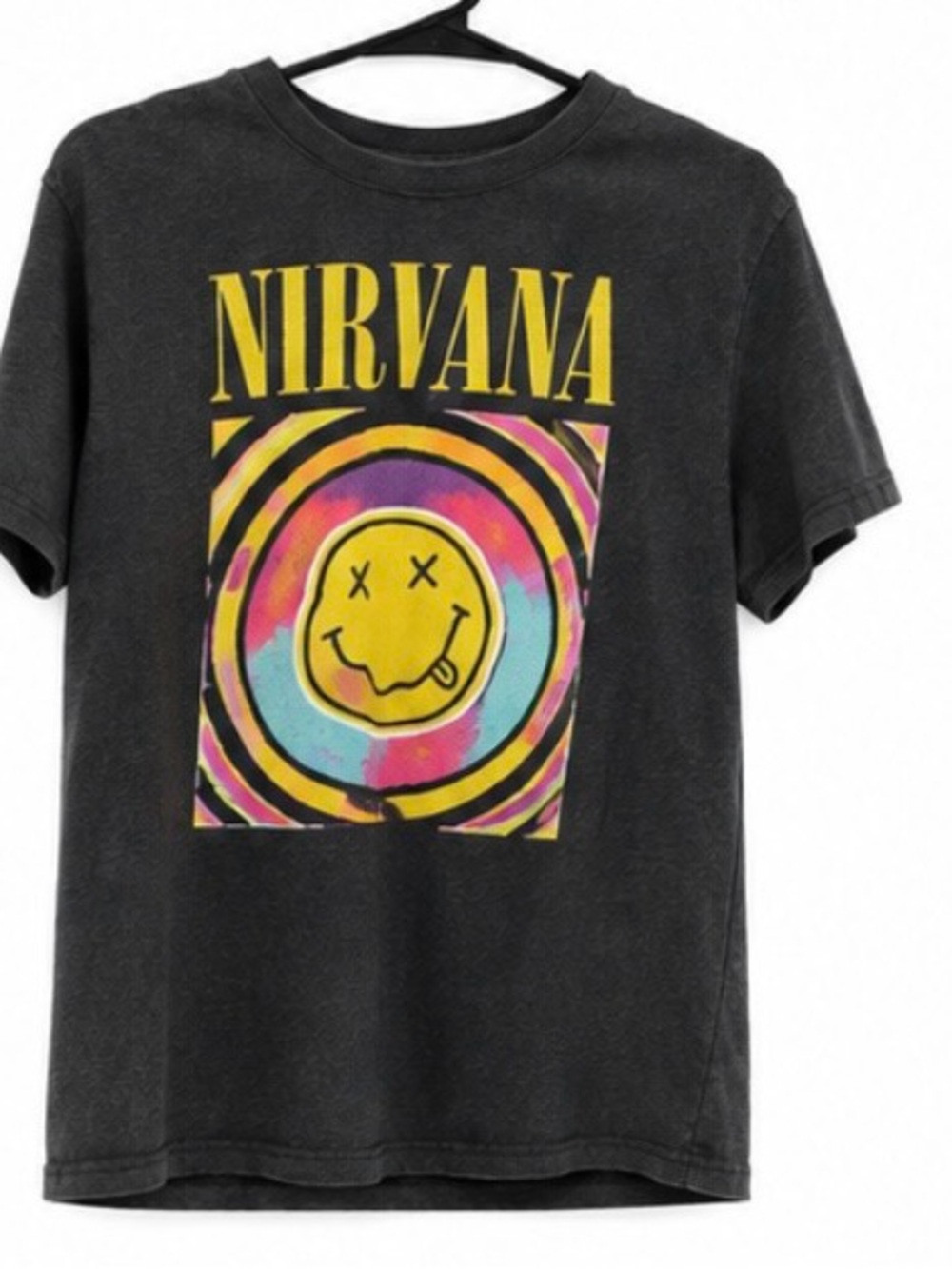 NIRVANA Black Short-Sleeve Tee with Yellow Logo and Multicolor Smiley